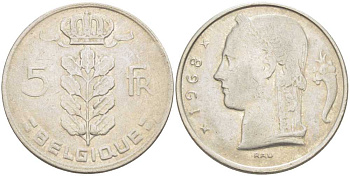 БЕЛЬГИЯ 5 ФРАНКОВ 1968 BELGIQUE, БОДУЭН I (1951-1993) KM 134.1 медно-никель 213-556