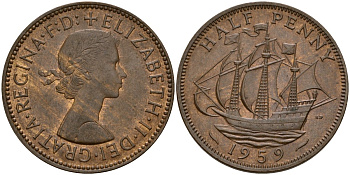 Великобритания 1/2 пенни 1959 Елизавета II (1952-2022) KM 896, Spink 4158 бронза 4159-754
