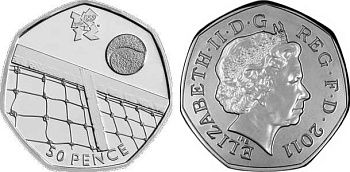 Великобритания 50 пенсов 2011 XXX летние Олимпийские игры в Лондоне в 2012 году, теннис, в оригинальном картонном буклете, с Олимпийской голограммой (24/29) KM 1194 медно-никель  UNC  3-6-6-25
