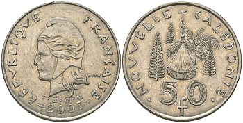 Французская Новая Каледония 50 франков 2007 хижина среди сосен и пальм, (IEOM) KM 13a, Schoen 15a, Lec 128i медно-никель 114-221