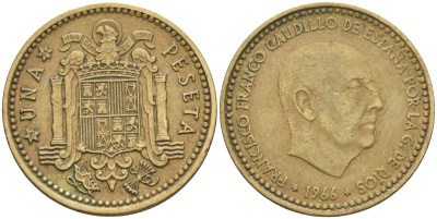 Испания 1 песета 1966 (69) Франсиско Франко (1939-1975) KM 796 алюминиевая бронза 4604-346
