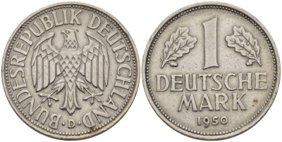 ФРГ 1 марка 1950 D, KM 110, J. 385 медно-никель 67-744