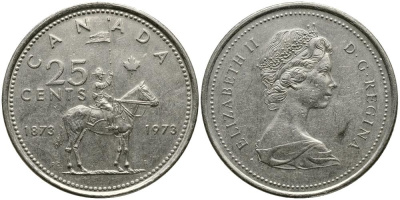 Канада 25 центов 1973 100 лет канадской горной полиции (1873-1973), Елизавета II (1952-2022) KM 81 никель 3336-244