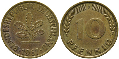 ФРГ 10 ПФЕННИГОВ 1967 J KM 108, J. 383 сталь плакированная латунью 98-415