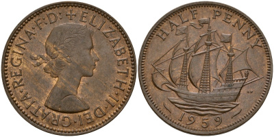 Великобритания 1/2 пенни 1959 Елизавета II (1952-2022) KM 896, Spink 4158 бронза 4159-754