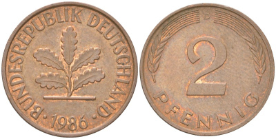 ФРГ 2 пфеннига 1986 D KM 106a сталь плакированная медью 4613-1223