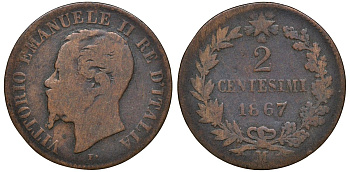 Италия 2 чентезимо 1867 M, Виктор Эммануил II KM 2.1 медь 4164-649