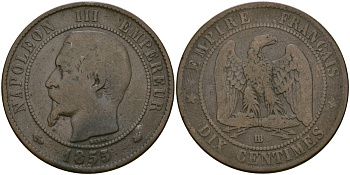 Франция 10 сантимов 1855 BB - Страсбург, Наполеон III (1852 - 1870) KM 771 бронза 4168-541