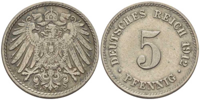 ГЕРМАНИЯ 5 ПФЕННИГОВ 1912 J KM 11, J. 12, Weege 6 медно-никель 211-558