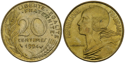 Франция 20 сантимов 1994 тип Marianne KM 930 алюминиевая бронза 4167-542