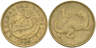 Мальта 1 цент 1986 ласка, горностай KM 78 никель латунь 4585-1119