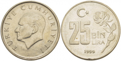Турция 25000 лир 1999 Мустафа Кемаль Ататюрк KM 1041 медь никель цинк 4402-1057