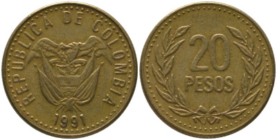 Колумбия 20 песо 1991 KM 282 алюминиевая бронза 4528-1117