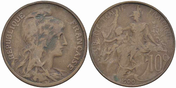 ФРАНЦИЯ 10 САНТИМОВ 1900 ТИП ДАНИЭЛЬ ДЮПЮИ KM 843, LA FRANC 136.9 бронза 109-135