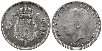 ИСПАНИЯ 5 ПЕСЕТ 1984 ХУАН КАРЛОС I (1975-) KM 823 медно-никель 4110-1524