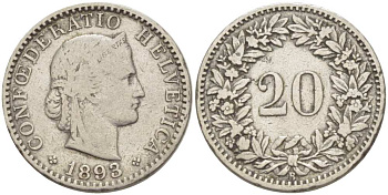 ШВЕЙЦАРИЯ 20 РАППЕНОВ 1893 В KM 29 никель 4513-237