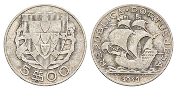 Португалия 5 эскудо 1943 KM 581 серебро 4652-127