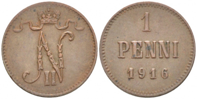 РОССИЯ ДЛЯ ФИНЛЯНДИИ 1 ПЕННИ 1916 НИКОЛАЙ II (1895-1917) KM 13, Биткин 476 медь 211-1029