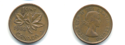 Канада 1 цент 1962 Елизавета II (1952-2022), кленовый лист  KM 49 бронза 177-1324