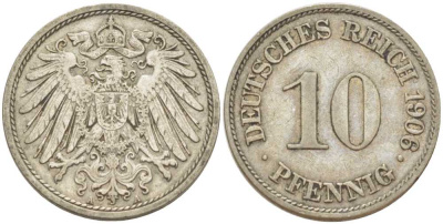 Германия 10 пфеннигов 1906 A KM 12, J. 13, Weege 8 медно-никель 259-857