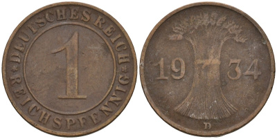 Германия 1 рейхспфенниг 1934 D KM 37, J. 313 бронза 4549-542