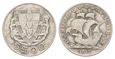Португалия 5 эскудо 1943 KM 581 серебро 4652-127