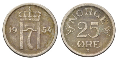 Норвегия 25 эре 1954 Хокон VII (1905-1957) KM 401 медно-никель 4701-546