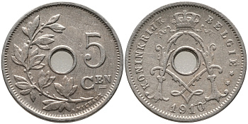 БЕЛЬГИЯ 5 САНТИМОВ 1910 BELGIE KM 67 медно-никель 72-1021