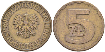 Польша 5 злотых 1976 монетный двор Ленинград (ЛМД) KM 81.1, Parchimowicz 221b латунь 119-1133
