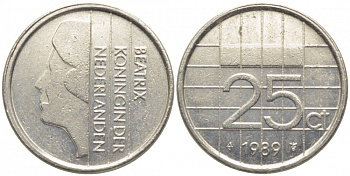 НИДЕРЛАНДЫ 25 ЦЕНТОВ 1989 БЕАТРИКС KM 204 никель 112-326