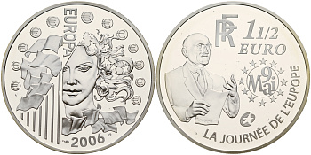 Франция 1 1/2 евро 2006 Декларация Шумана, день Европы 9 мая 1950 года, в оригинальной коробке, с сертификатом KM 2037 серебро PROOF 4-3-5-09