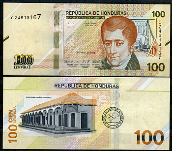 Гондурас 100 лемпира 2022 Хосе Сесильо дель Валье, мост через реку Челутека, дом Валье Pick 102 d  бумага  UNC (пресс) 449-69-1