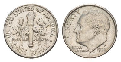 США 1 дайм (10 центов) 1998 P, президент Рузвельт KM 195a медь плакированная медно-никелем 4649-1257