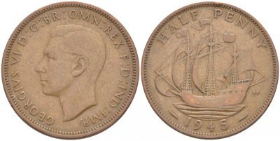 Великобритания 1/2 пенни 1944 Георг VI (1936-1952) KM 844, Spink 4115 бронза 213-913
