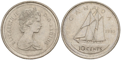Канада 10 центов 1985 Елизавета II (1953-), парусник KM 77 никель 4189-919