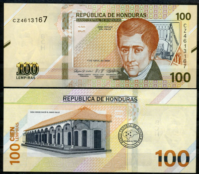 Гондурас 100 лемпира 2022 Хосе Сесильо дель Валье, мост через реку Челутека, дом Валье Pick 102 d  бумага  UNC (пресс) 449-69-1