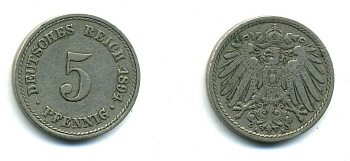 ГЕРМАНИЯ 5 ПФЕННИГОВ 1894 A, KM 11, J. 12 медно-никель 54-365