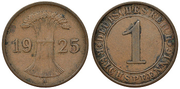 Германия 1 рейхспфенниг 1925 A KM 37, J. 313 бронза 4124-114