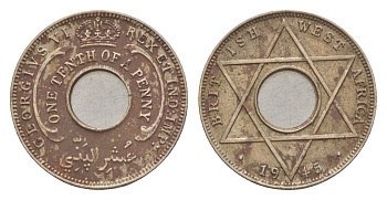 Британская Западная Африка 1/10 пенни 1945 Георг VI (1936-1952) KM 20 медно-никель 4643-727