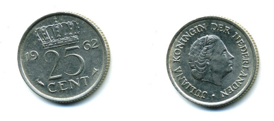 НИДЕРЛАНДЫ 25 ЦЕНТОВ 1962 ЮЛИАНА KM 183 никель 76-369