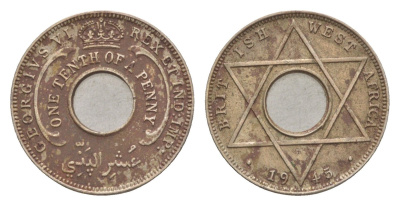 Британская Западная Африка 1/10 пенни 1945 Георг VI (1936-1952) KM 20 медно-никель 4643-727