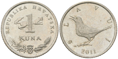 Хорватия 1 куна 2011 западный соловей, легенда на хорватском KM 9.1 медь цинк никель aUNC 4448-951