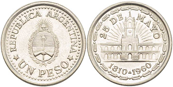 Аргентина 1 песо 1960 150 лет свержения Испанского вице-короля (1810-1960) KM 58 сталь плакированная никелем 4514-934