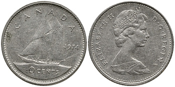 КАНАДА 10 ЦЕНТОВ 1974 ЕЛИЗАВЕТА II (1952-), ПАРУСНИК, ВТОРОЙ ПОРТРЕТ В КОРОНЕ KM 77.1 никель 4532-817
