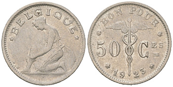 Бельгия 50 сантимов 1923 BELGIQUE, Альберт I (1909-1934) KM 87 никель 4617-713