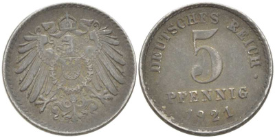 ГЕРМАНИЯ 5 ПФЕННИГОВ 1921 D KM 19, J. 297, Weege 5 железо 206-736