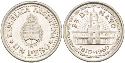 Аргентина 1 песо 1960 150 лет свержения Испанского вице-короля (1810-1960) KM 58 сталь плакированная никелем 4514-934