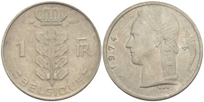 Бельгия 1 франк 1974 Belgique, Бодуэн I (1951-1993) KM 142.1 медно-никель 213-533