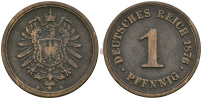 Германия 1 пфенниг 1876 B, Вильгельм I (1871-1888) KM 1, J. 1 медь 4602-1038