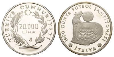 Турция 20000 лир 1990 Чемпионат мира по футболу 1990, Капитолийская волчица KM 995 серебро PROOF 1083-1-24